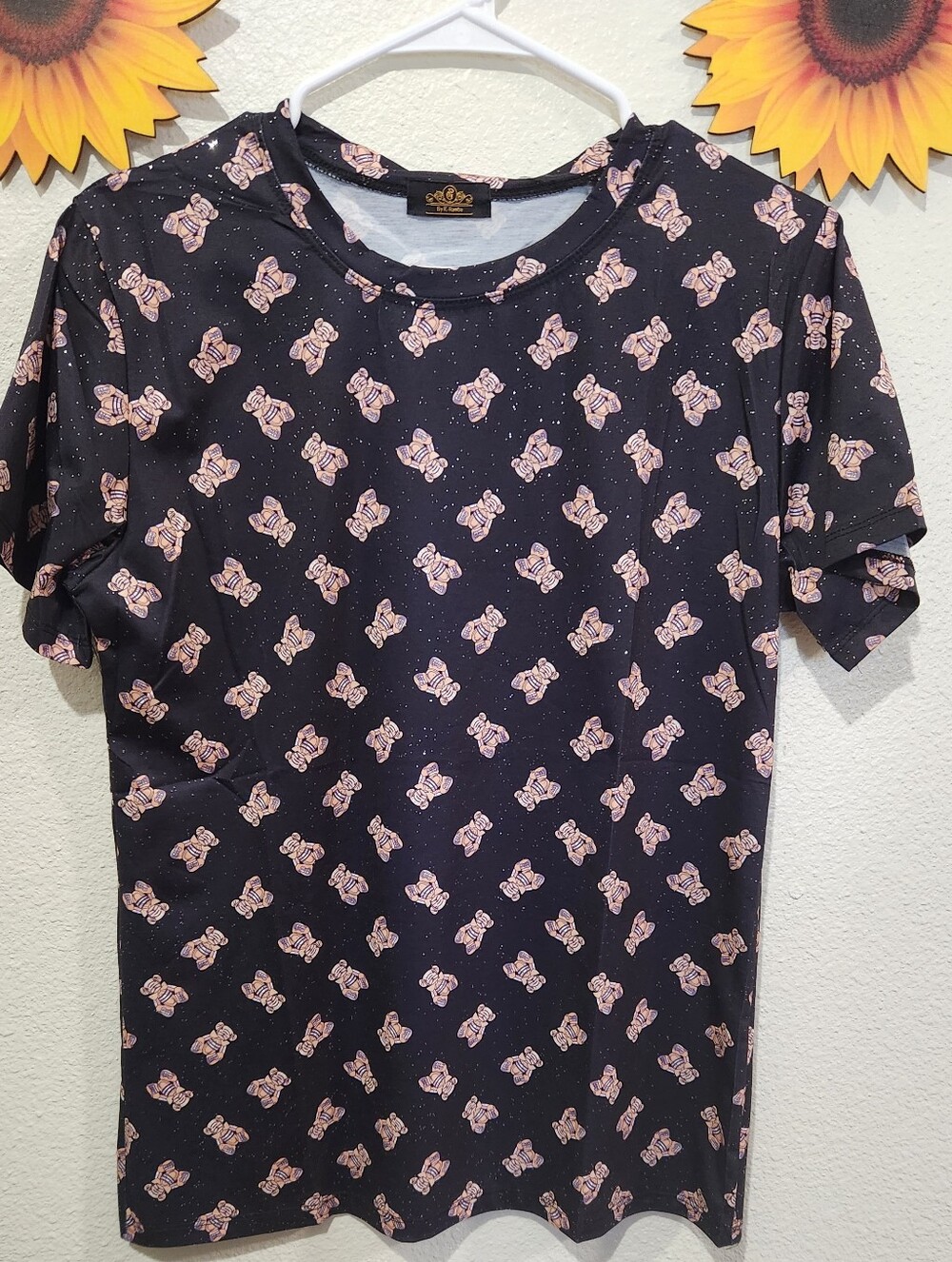 Black Tee with Pink Teddy Bear Print